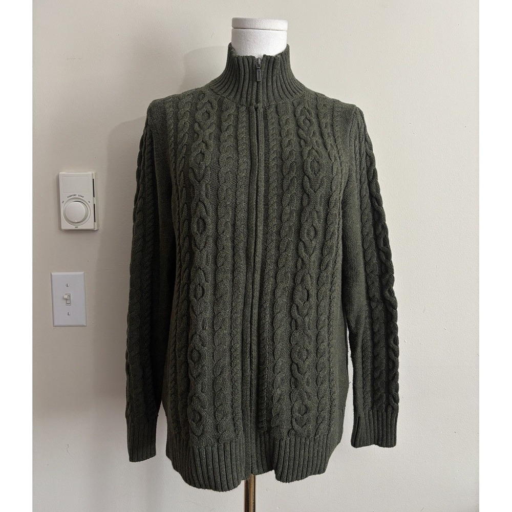 LL Bean Womens Large Double L Cable Knit Cardigan Sweater Full Zip Dark Green